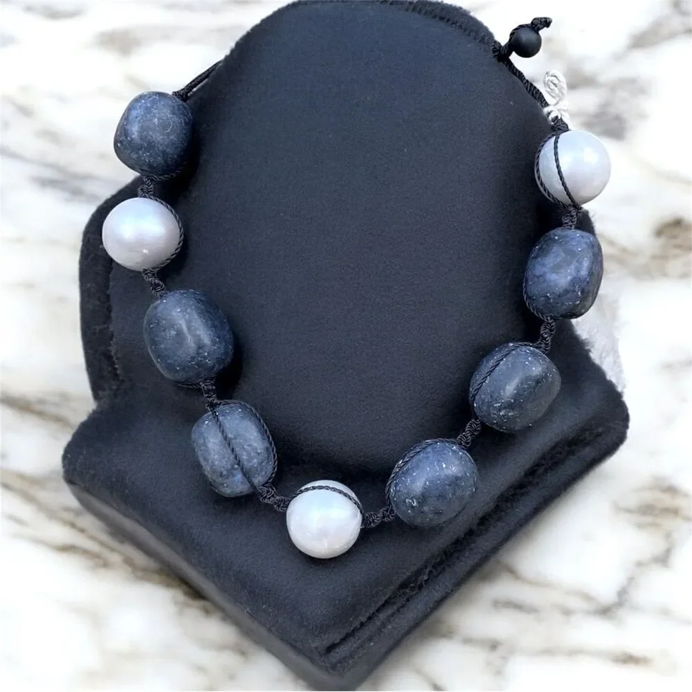 NWT New Margo Morrison Grey Baroque Pearls/Dumortierite Leather Rope Bracelet